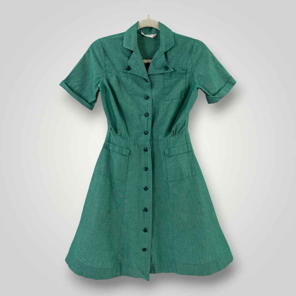 VTG Girl Scouts Uniform Dress Girls M Green Cotton USA Made 1940s 1950s